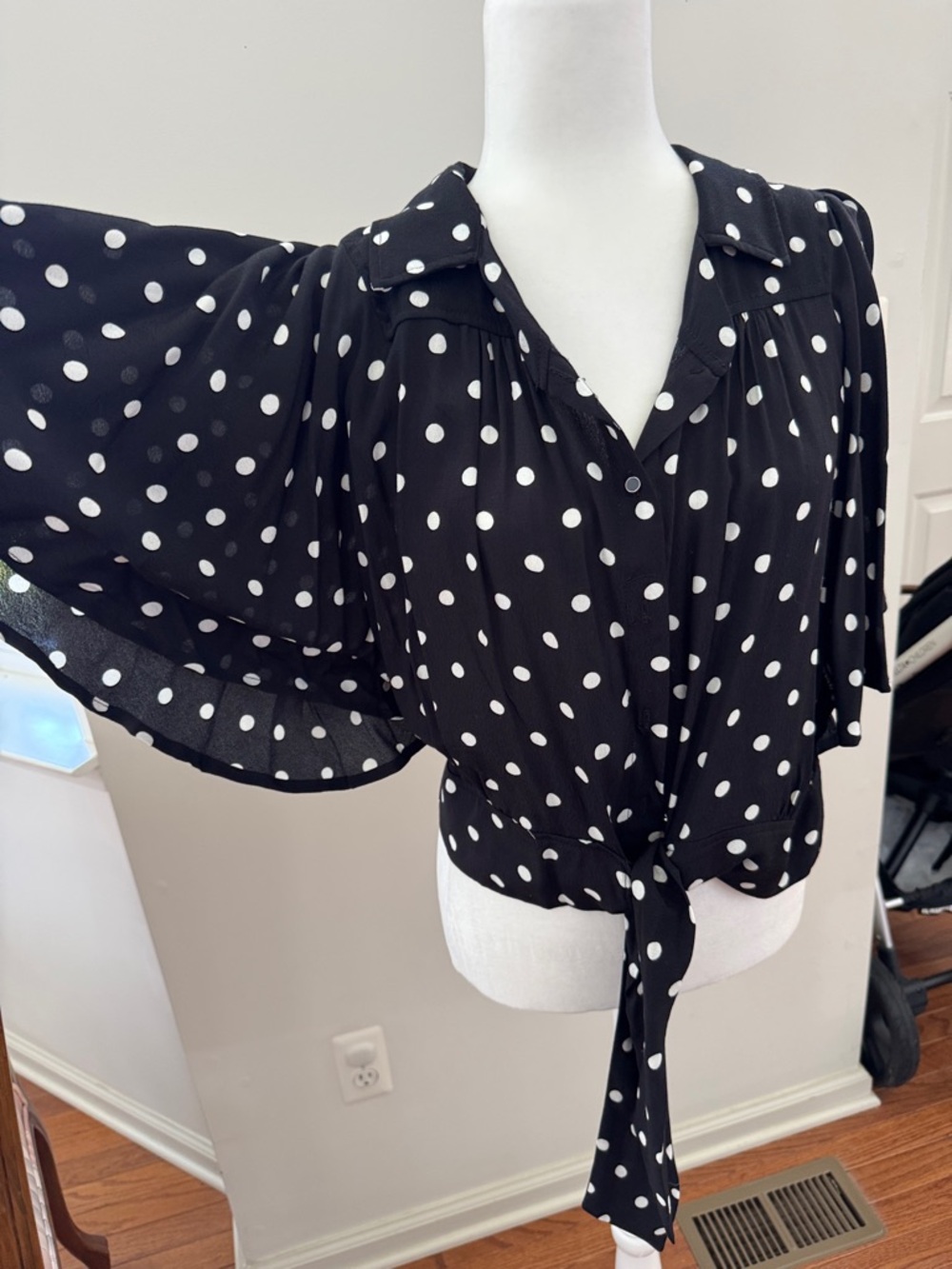 Black Polka Dot Tie-Front Blouse, NWT